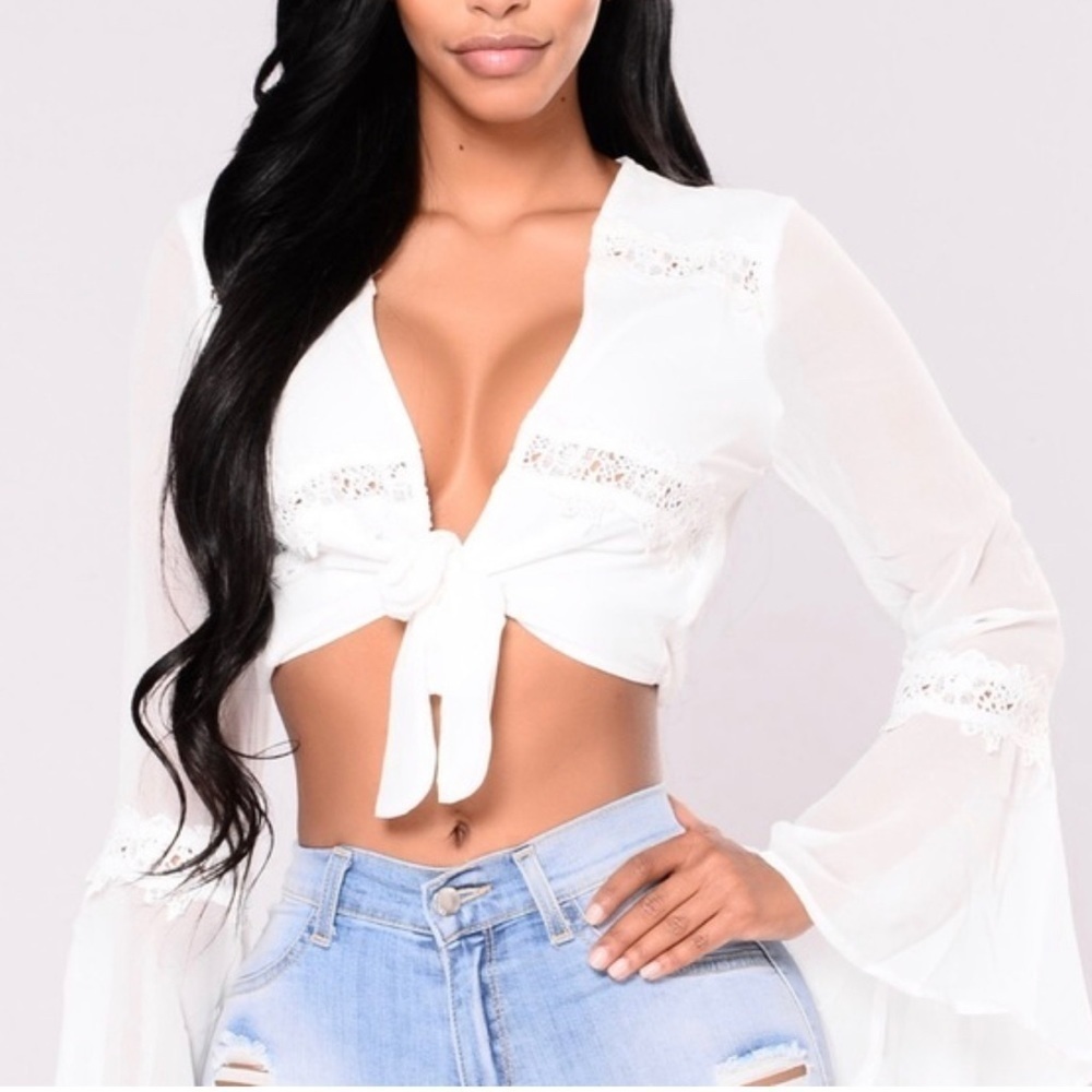 Fashion Nova Boho Embroidered Sheer Cropped Tie Front Top Blouse